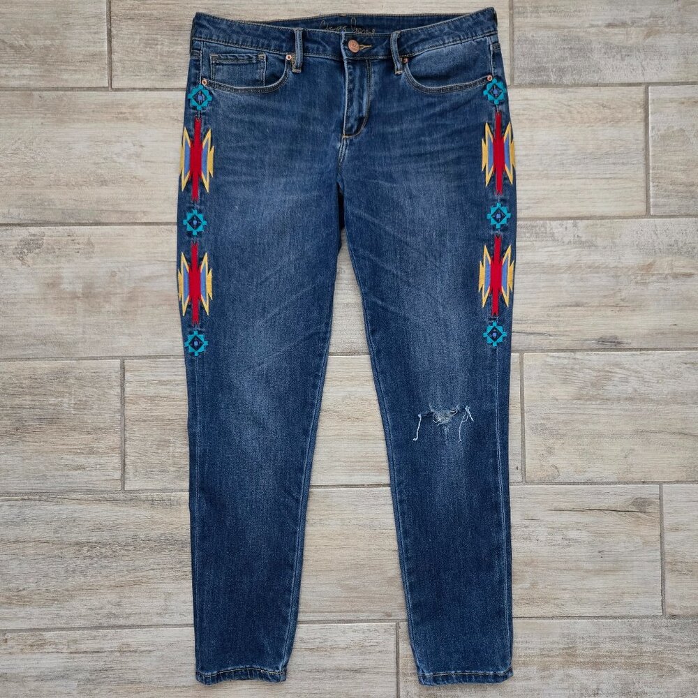 Chip & Pepper Sid Skinny Ankle Jeans Women's Embroidered Aztec Pattern Native 30